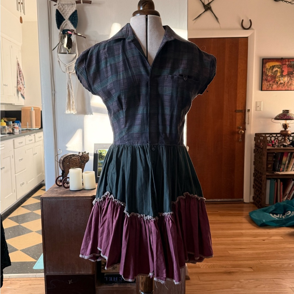 Plaid Button-Up Contry Cowgirl Dress with Ruffled Hem